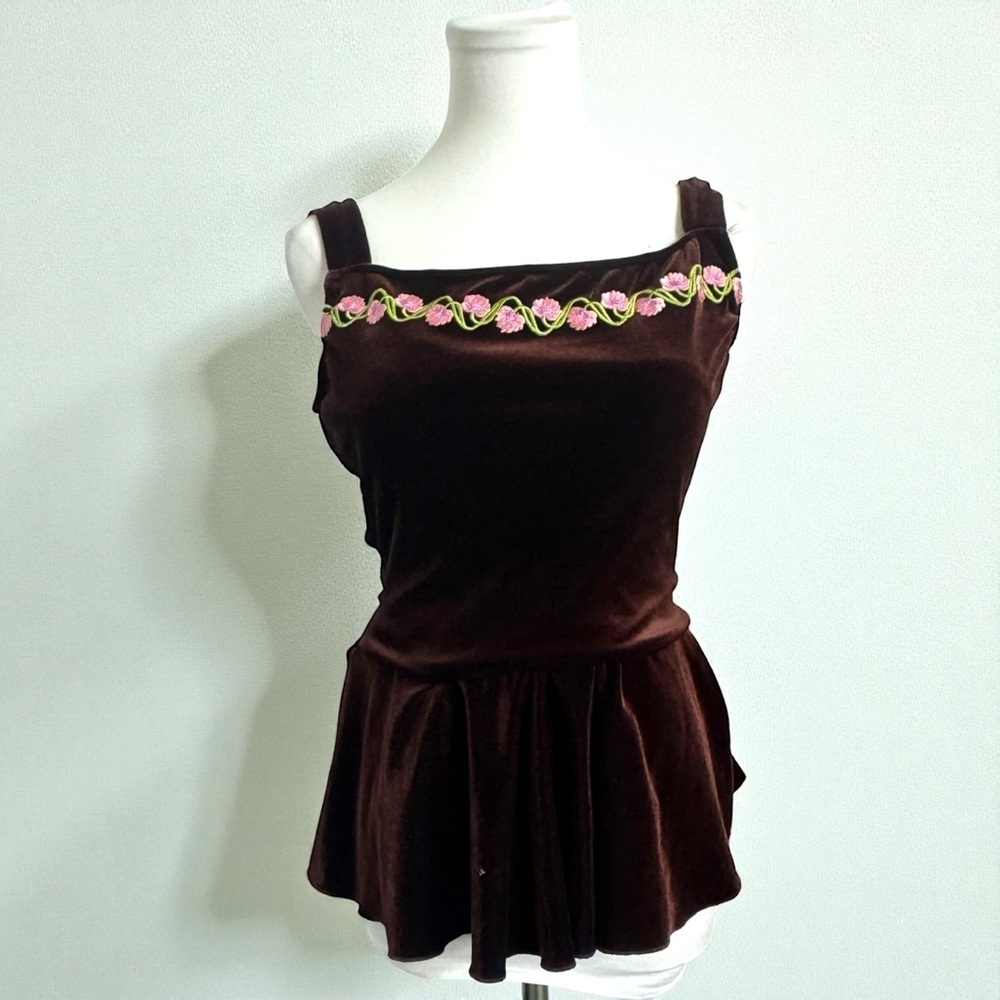 Vintage Velvet Rose Trim Peplum Top | Romantic Y2K Whimsigoth L